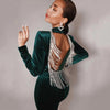 Sexy Green Velvet Backless Long Sleeve Tassel Mini Cocktail Dress