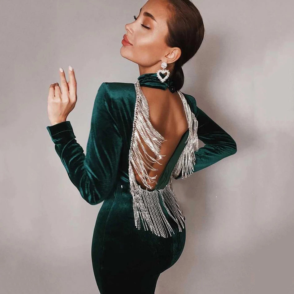 Sexy Green Velvet Backless Long Sleeve Tassel Mini Cocktail Dress TANYA BRIDAL Sexy Green Velvet Backless Long Sleeve Tassel Mini Cocktail Dress TANYA BRIDAL
