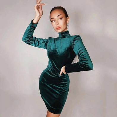 Sexy Green Velvet Backless Long Sleeve Tassel Mini Cocktail Dress