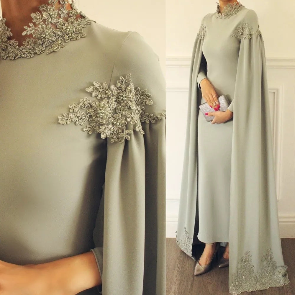 Arabic High Neck Satin Appliques Muslim Evening Dresses With Pearls TANYA BRIDAL Arabic High Neck Satin Appliques Muslim Evening Dresses With Pearls TANYA BRIDAL
