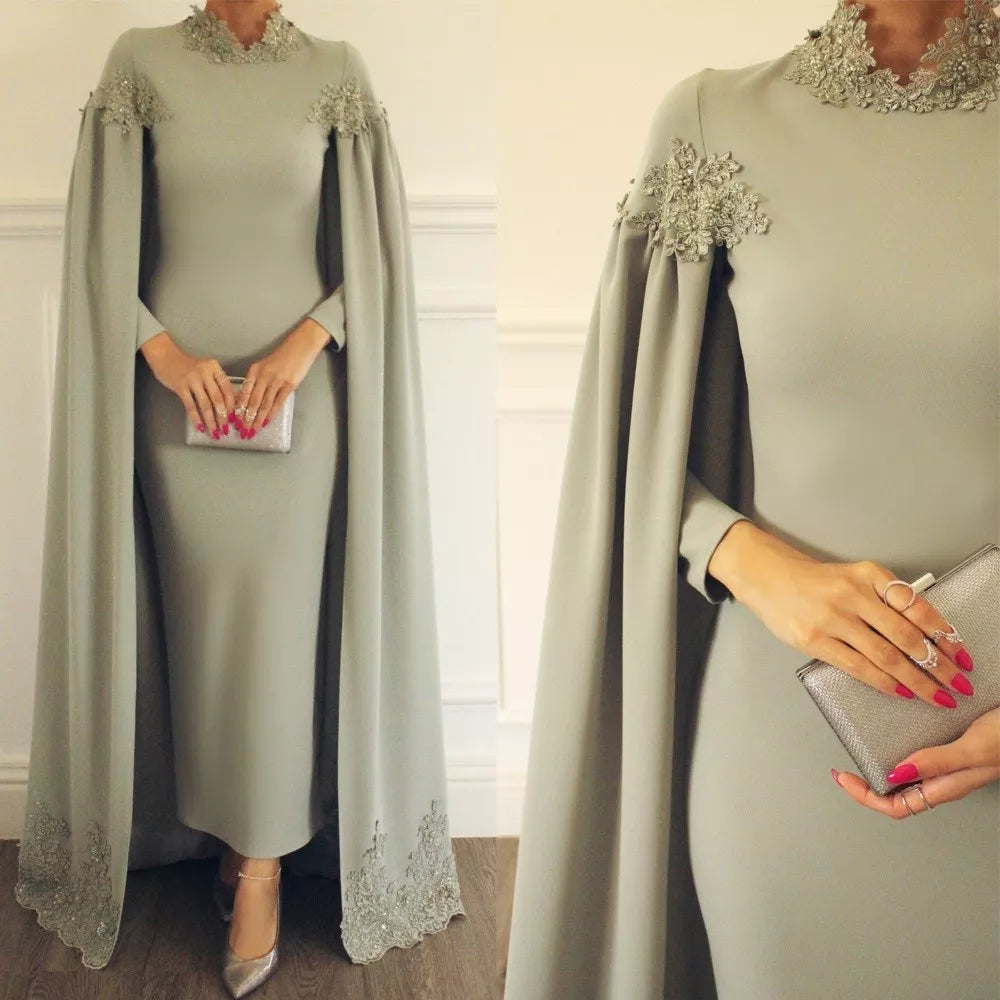 Teal Long Sleeve Muslim Formal Dresses A Line Tulle Lace Beaded Arabic  Dubai Evening Gowns Robe De Mariée
