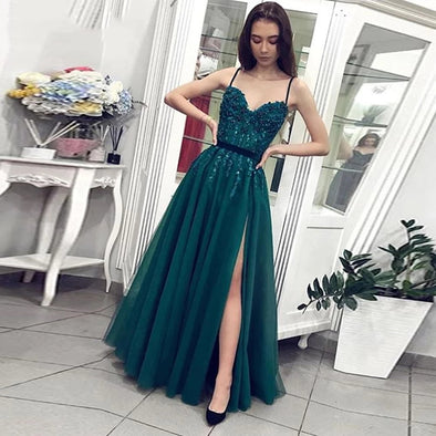 Green Spaghetti Straps Long Maxi Woman Prom Dress