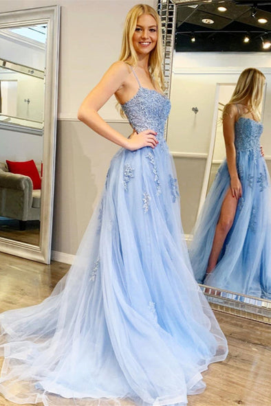 Sky Blue Prom Dresses Tulle A-line backless Formal Wear