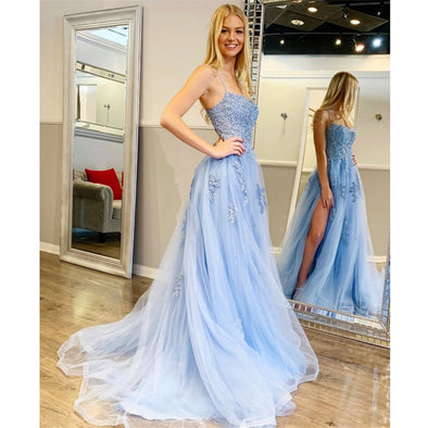 Sky Blue Prom Dresses Tulle A-line backless Formal Wear