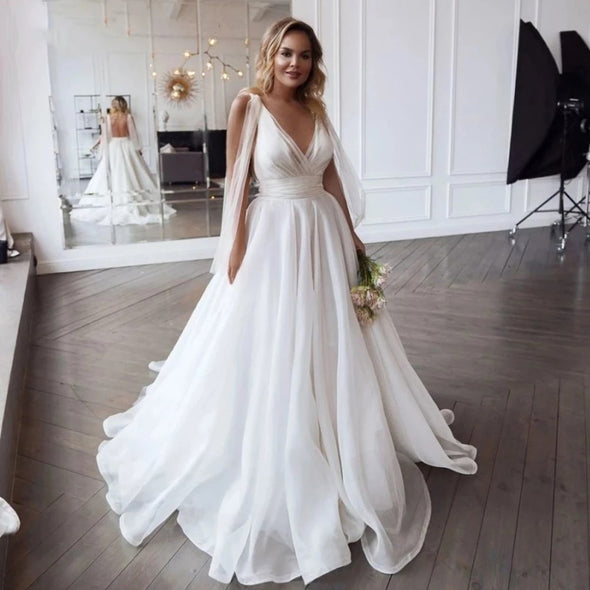 V Neck Wedding Gowns Vestido De Noiva Sweep Train