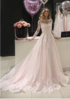 Beaded Lace Tulle Jewel A-line Wedding Dresses Long Sleeves Buttons Back Sheer Illusion Neckline