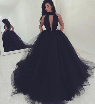 Black Prom Dresses Ball Gown Halter Tulle Backless Sexy Party Dresses