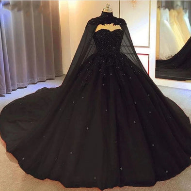 Black Ball Gown Gothic Wedding Dress With Cape