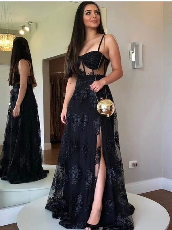Black Lace Appliques Backless Elegant Party Prom Gown