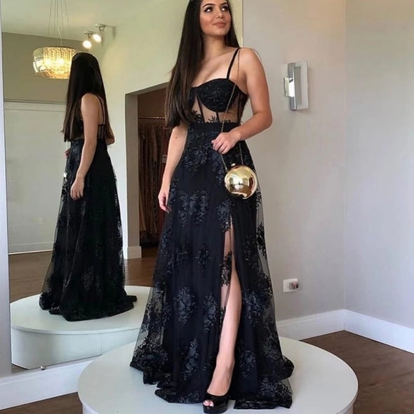 Black Lace Appliques Backless Elegant Party Prom Gown