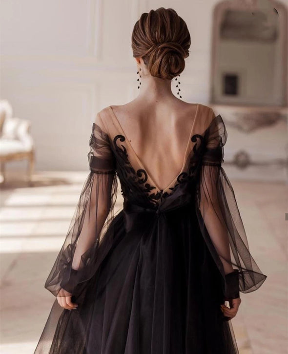 llusion Long Sleeve V-Neck Prom Dress