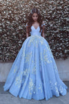 Blue Long Prom Dress Off The Shoulder Tulle Ball Gown With Appliques TB1361