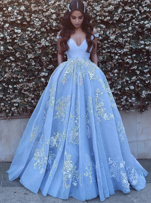 Blue Long Prom Dress Off The Shoulder Tulle Ball Gown With Appliques TB1361