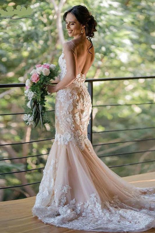 Blush Champagne Mermaid Wedding Dresses Flower Lace Dreamy Bridal Gowns