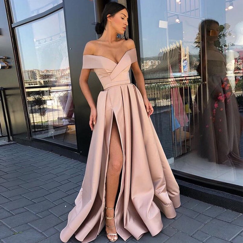 Blush Pink Off Shoulder Prom Dresses Boat Neck Front Split – TANYA BRIDAL