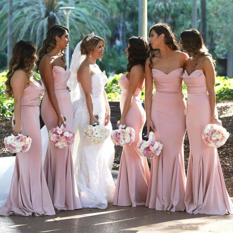 blush pink fitted bridesmaid dresses Blush Pink V Neck Silk Satin Long Sheath Bridesmaid Dresses DM24081210 Dressmeet
