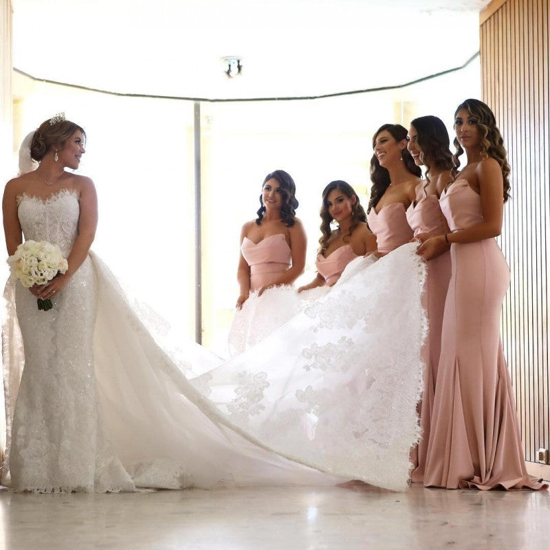 Blush Pink Sweetheart Satin Mermaid Long Bridesmaid Dresses TANYA BRIDAL Blush Pink Sweetheart Satin Mermaid Long Bridesmaid Dresses TANYA BRIDAL