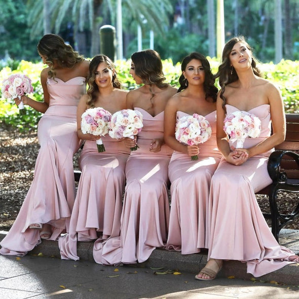 Blush Pink Sweetheart Satin Mermaid Long Bridesmaid Dresses