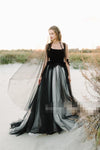 Boate Neckline Black Velvet and Tulle Wedding Dress