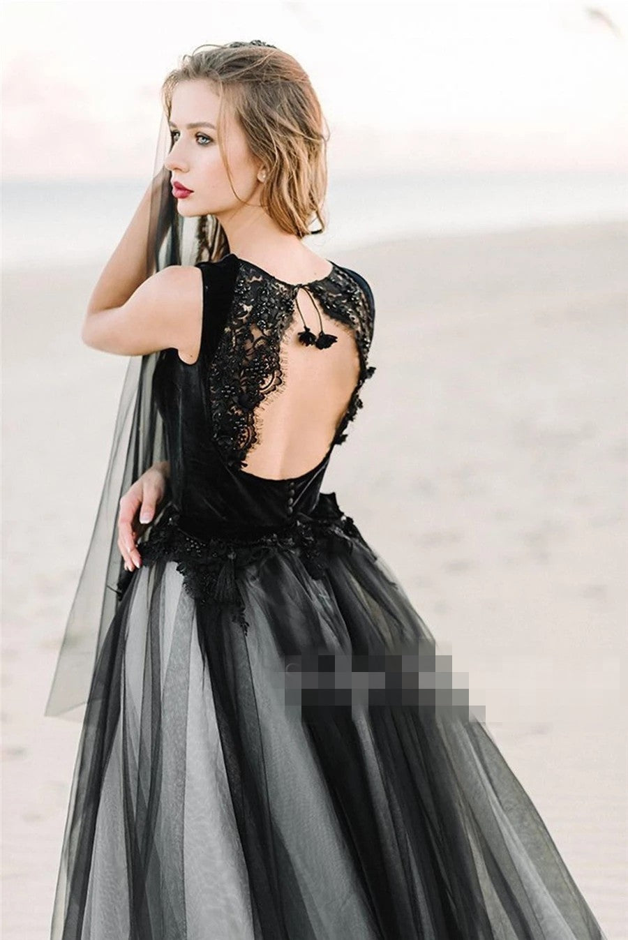 Boate Neckline Black Velvet and Tulle Wedding Dress TANYA BRIDAL