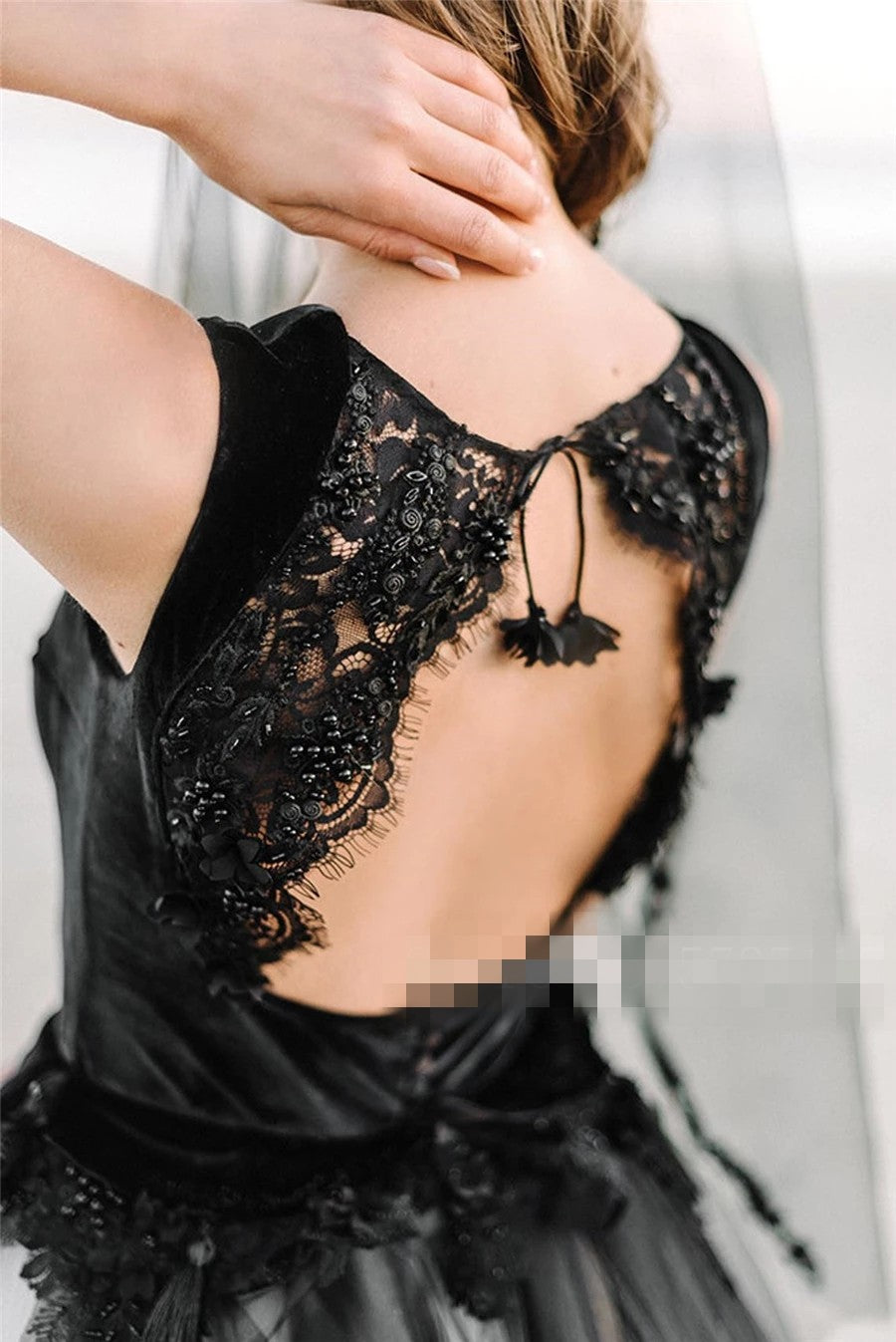 Boate Neckline Black Velvet and Tulle Wedding Dress TANYA BRIDAL Boate Neckline Black Velvet and Tulle Wedding Dress TANYA BRIDAL