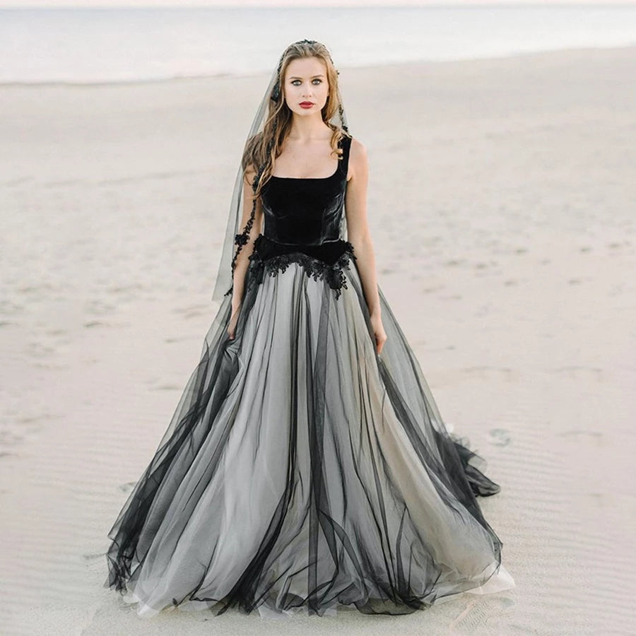 Boate Neckline Black Velvet and Tulle Wedding Dress - Boate Neckline Black Velvet and Tulle Wedding Dress -