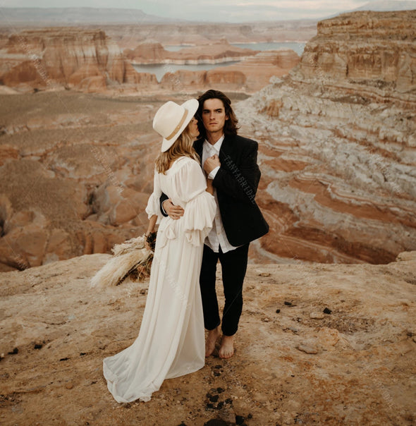 Bohemian Boho Wedding Dresses V-Neck Lantern Sleeve Noivas ZW413