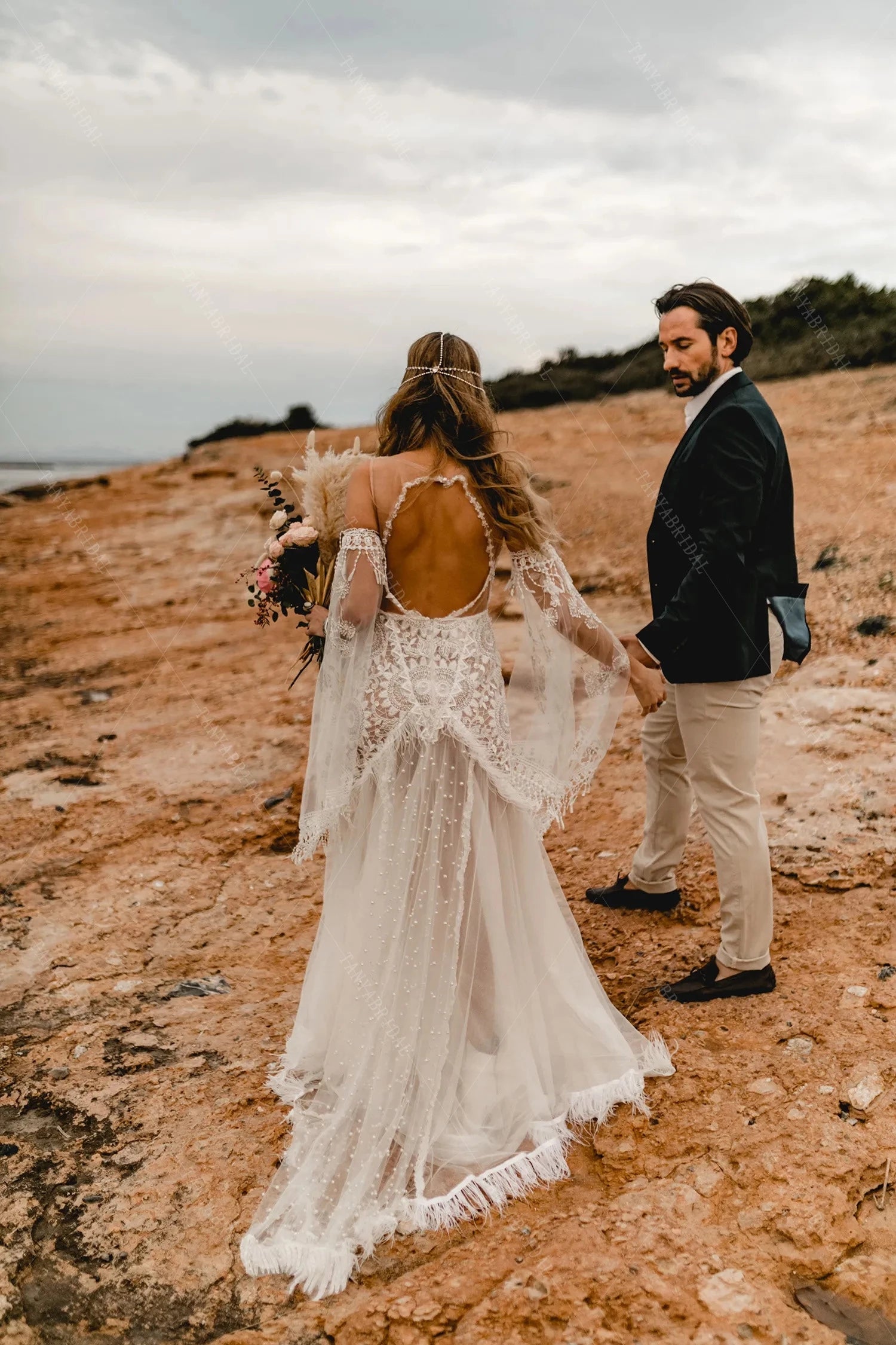 Flare Sleeve Pearls Feather Luxury Boho Wedding Dresses Chic ZW494 TANYA BRIDAL Flare Sleeve Pearls Feather Luxury Boho Wedding Dresses Chic ZW494 TANYA BRIDAL