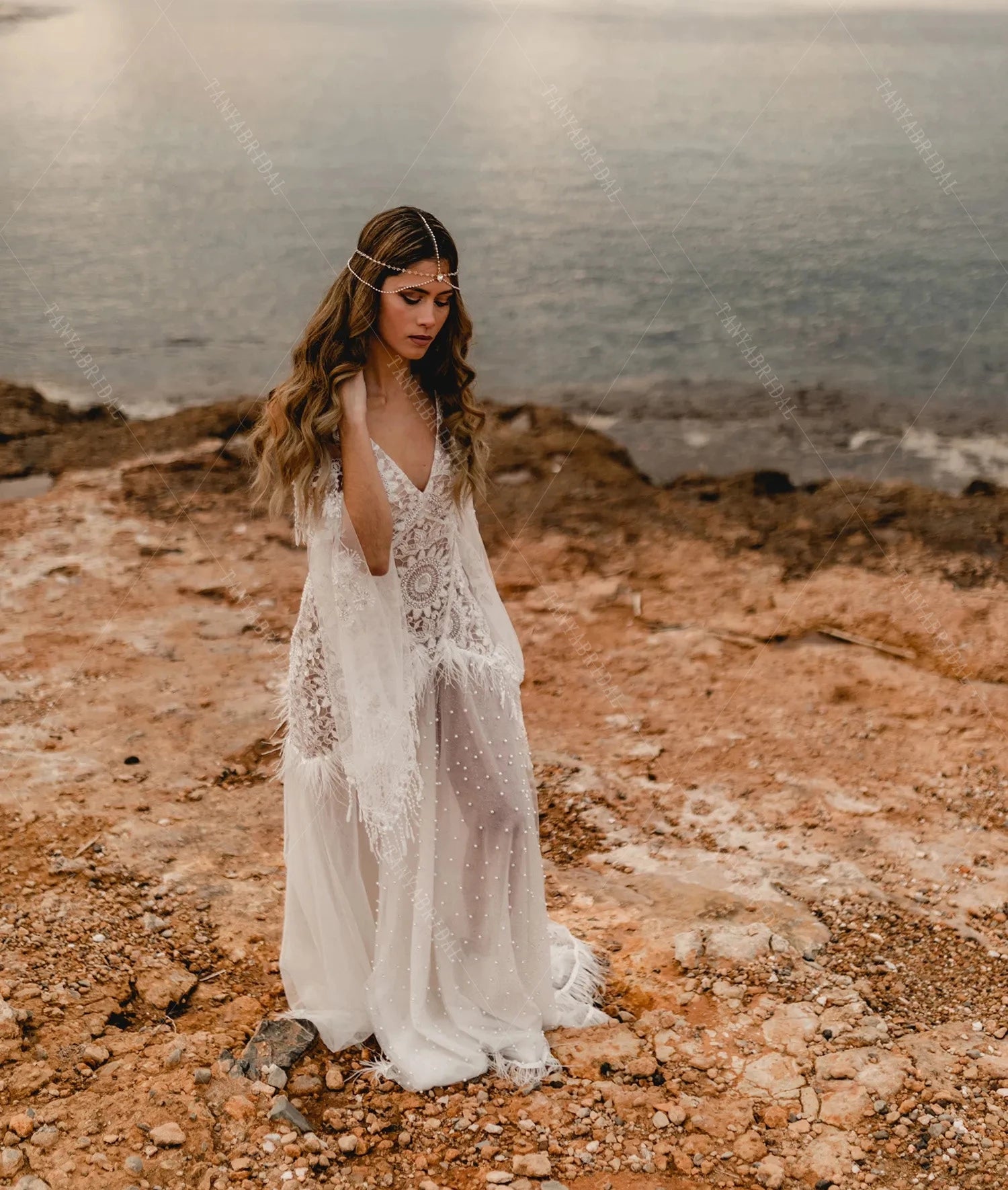 Flare Sleeve Pearls Feather Luxury Boho Wedding Dresses Chic ZW494 TANYA BRIDAL Flare Sleeve Pearls Feather Luxury Boho Wedding Dresses Chic ZW494 TANYA BRIDAL