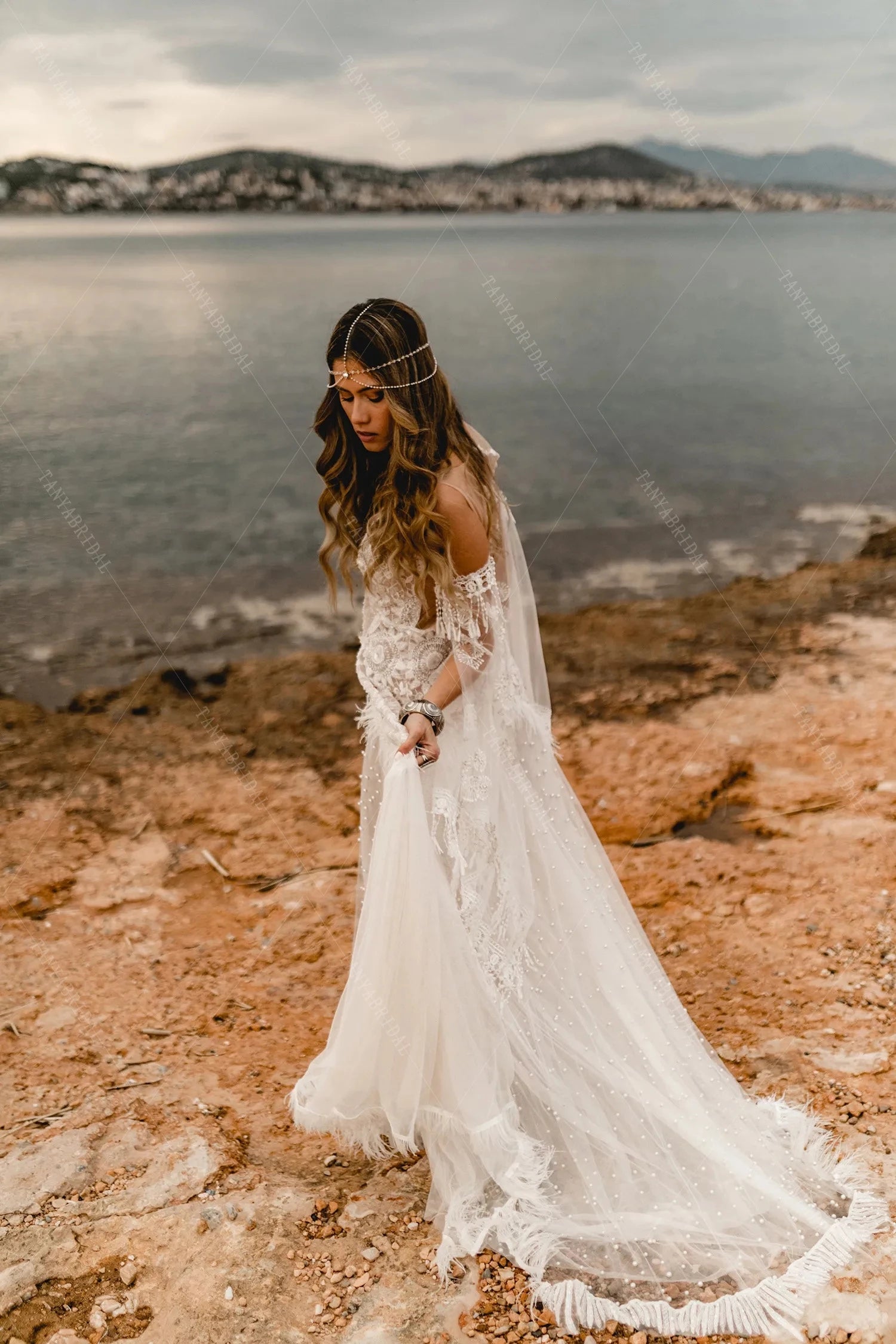 Flare Sleeve Pearls Feather Luxury Boho Wedding Dresses Chic ZW494 – TANYA BRIDAL