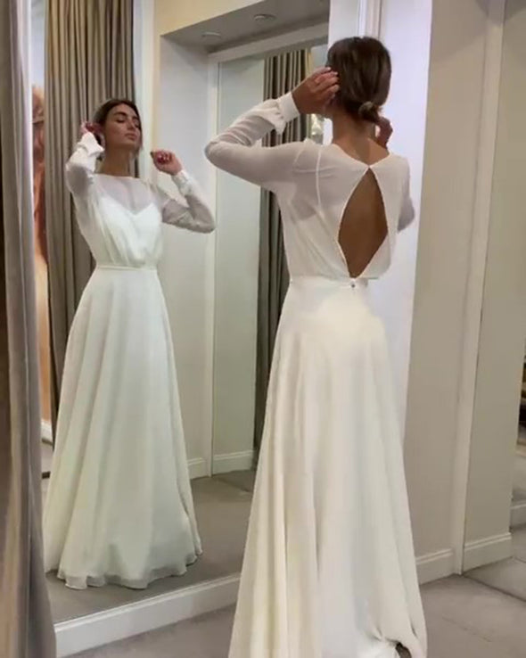 Bohemian Simple Long Sleeves Wedding Dress A Line Open Back Modest