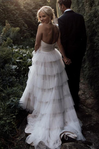 Champagne A Line Bohemian Tulle Layers Wedding Dresses