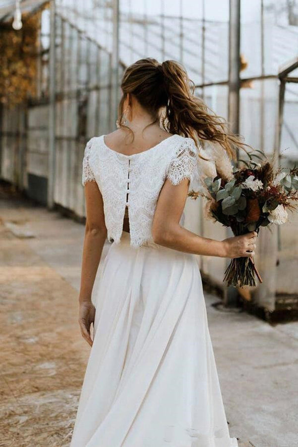 Bohemian Two Pieces Wedding Dresses 2020 Lace Top Short Sleeve Jewel Neck Holiday Country Beach Bride Gown Vestidos De Novia