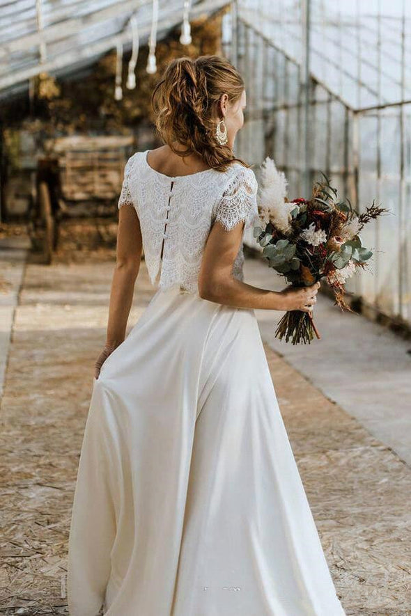 Bohemian Two Pieces Wedding Dresses 2020 Lace Top Short Sleeve Jewel Neck Holiday Country Beach Bride Gown Vestidos De Novia