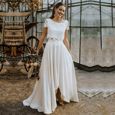 Bohemian Two Pieces Wedding Dresses 2020 Lace Top Short Sleeve Jewel Neck Holiday Country Beach Bride Gown Vestidos De Novia
