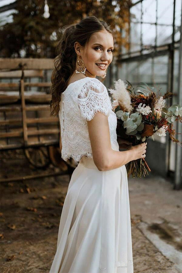 Bohemian Two Pieces Wedding Dresses 2020 Lace Top Short Sleeve Jewel N TANYA BRIDAL Bohemian Two Pieces Wedding Dresses 2020 Lace Top Short Sleeve Jewel N TANYA BRIDAL