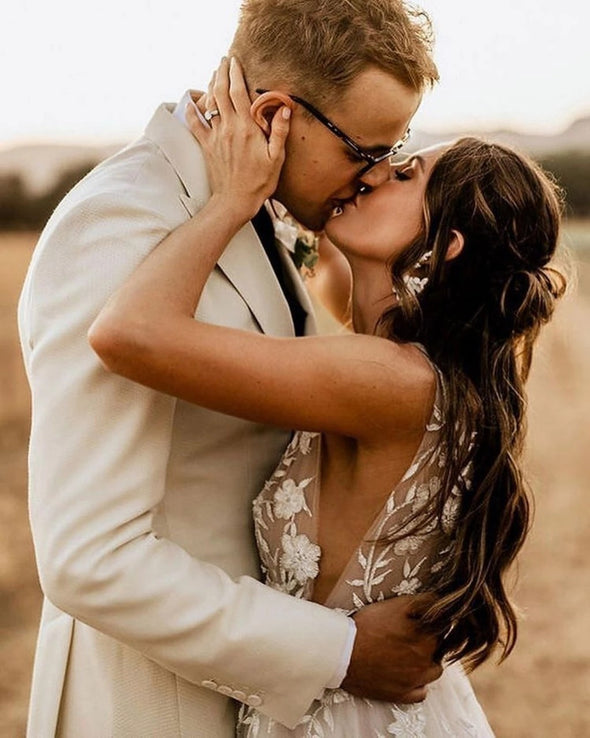 Bohemian V Neck A Line Lace Long Sleeve Bohemian Wedding Dress TB1387
