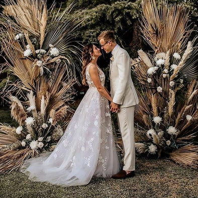 Bohemian V Neck A Line Lace Long Sleeve Bohemian Wedding Dress TB1387