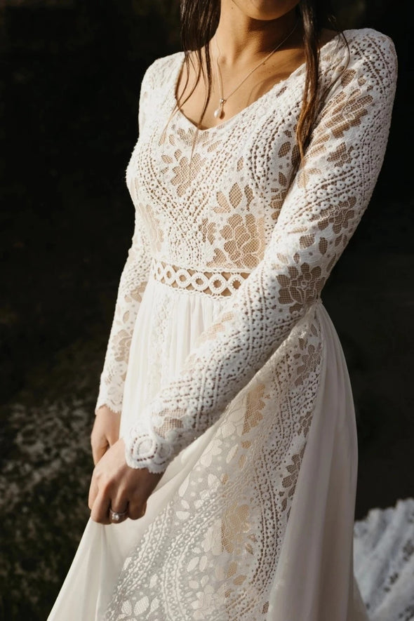 V Back Lace A Line Chiffon Seaside Beach Long Sleeve Wedding Bridal Gown