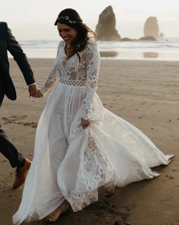 V Back Lace A Line Chiffon Seaside Beach Long Sleeve Wedding Bridal Gown