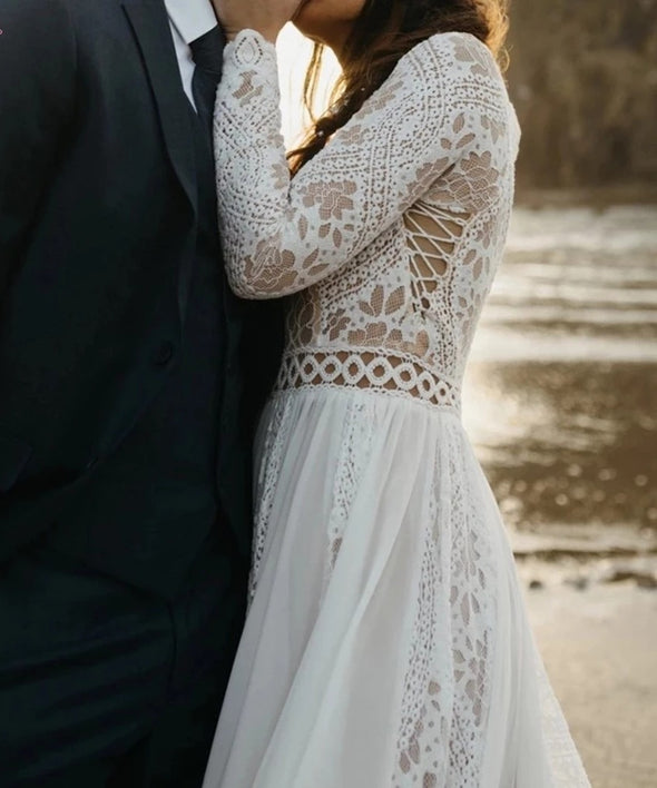 V Back Lace A Line Chiffon Seaside Beach Long Sleeve Wedding Bridal Gown