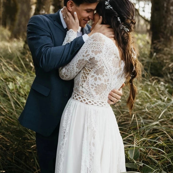 V Back Lace A Line Chiffon Seaside Beach Long Sleeve Wedding Bridal Gown