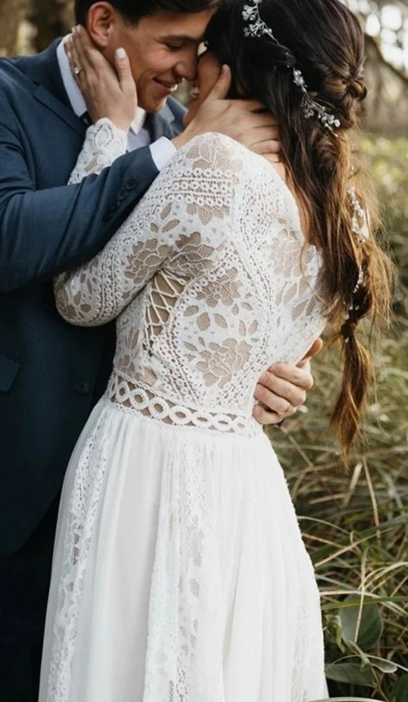 V Back Lace A Line Chiffon Seaside Beach Long Sleeve Wedding Bridal Gown