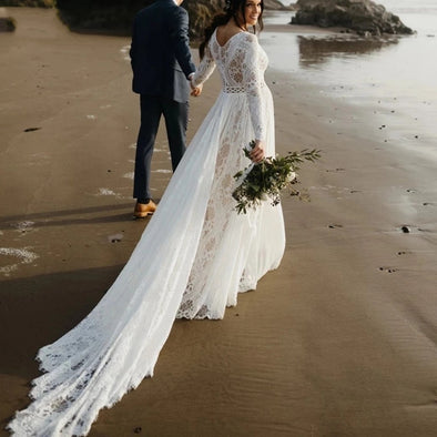 V Back Lace A Line Chiffon Seaside Beach Long Sleeve Wedding Bridal Gown