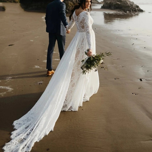 V Back Lace A Line Chiffon Seaside Beach Long Sleeve Wedding Bridal Gown