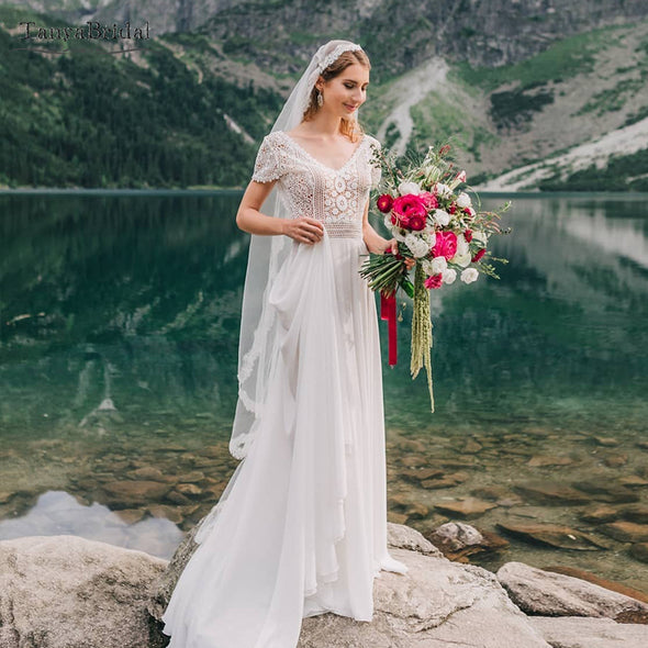 Bohemian Wedding Dresses Lace Cape Sleeve Chiffon Bridal Gowns Vestido De Noivas DW224