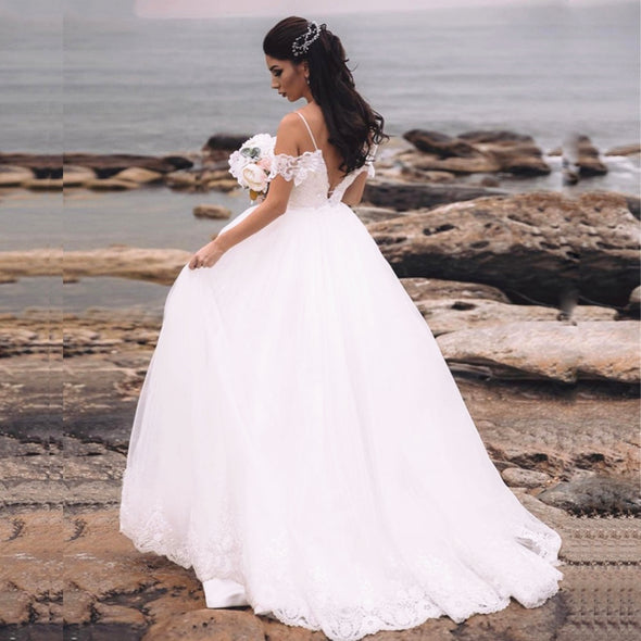 Short Sleeve Low V Back Spaghetti Straps Bohemian Wedding Dresses