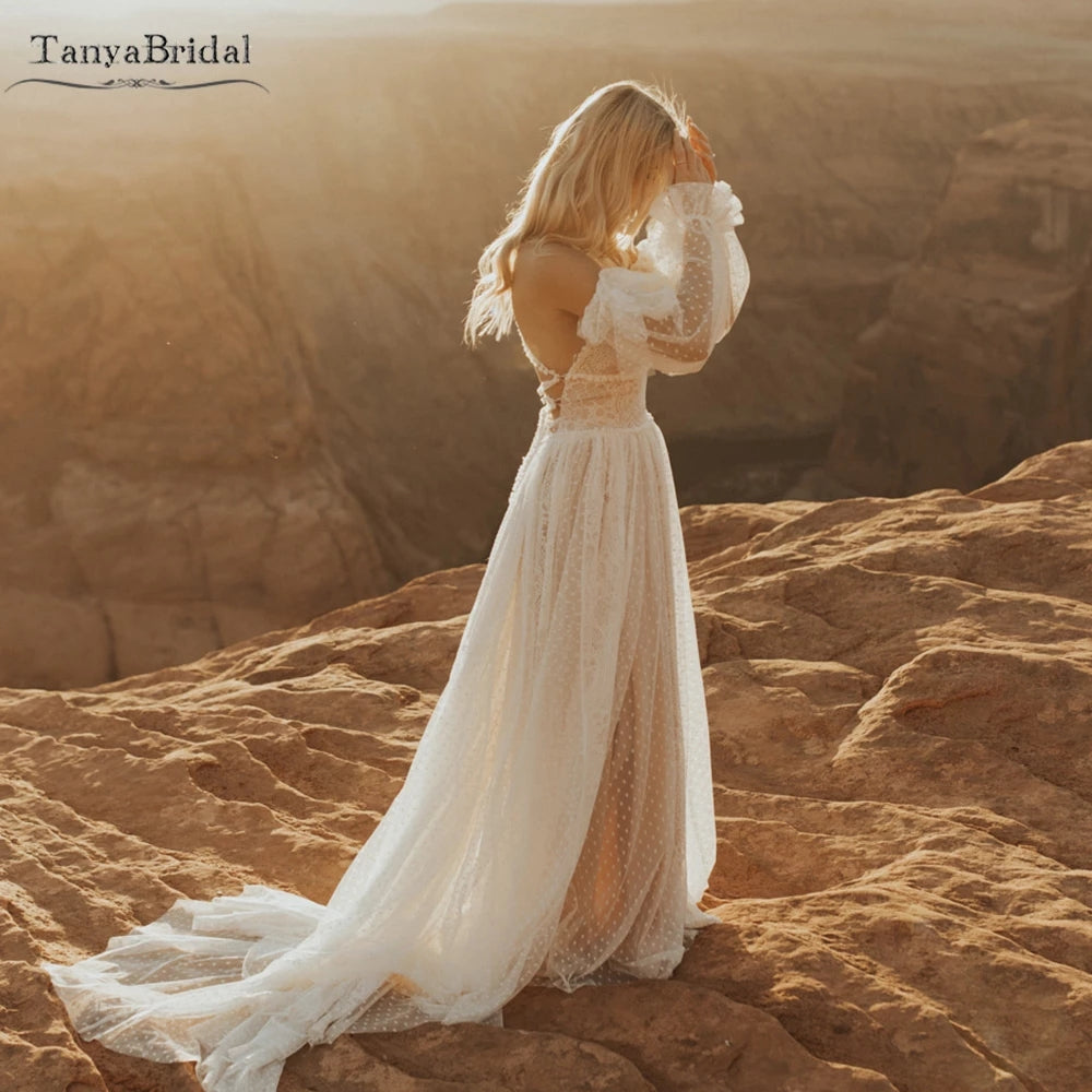 Boho GYPSY Wedding Dresses Fashion Puff Sleeve Cross Back DW608 – TANYA  BRIDAL