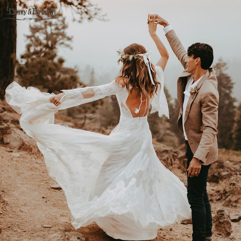 Boho Lace Wedding Dresses Long Flare Sleeve Engagement Noivas Chic DW496 - Boho Lace Wedding Dresses Long Flare Sleeve Engagement Noivas Chic DW496 -