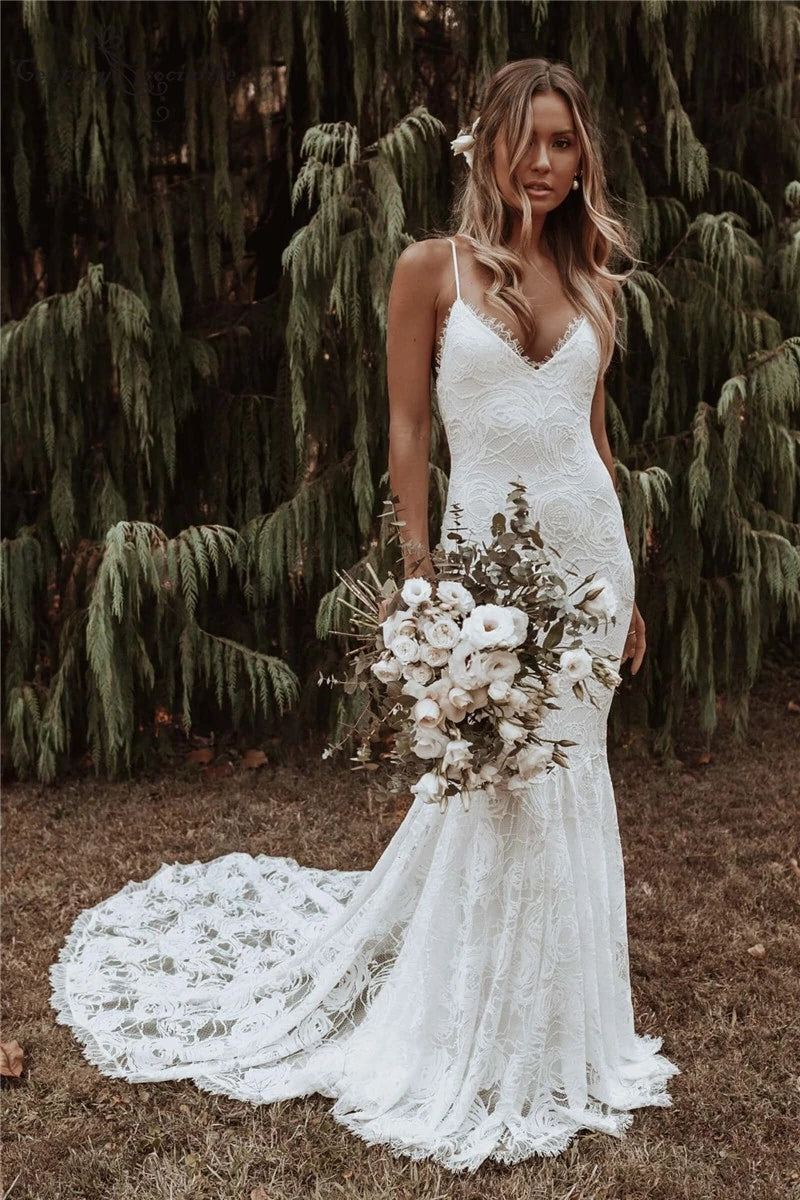 Boho Mermaid Wedding Dress 2021 with Spaghetti Straps – TANYA BRIDAL